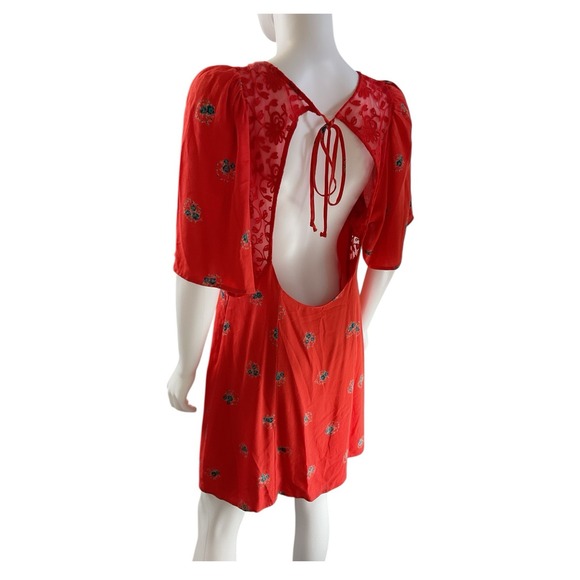 Free People 8 Mockingbird Coral Red Floral Print Backless Mini Viscose Dress - Picture 4 of 9